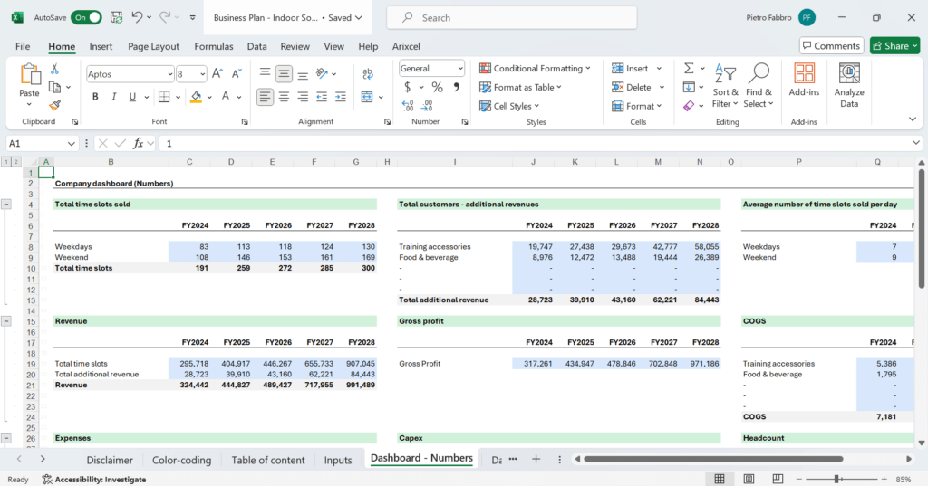 Screenshot der Vorlage für ein Finanzmodell für Sport und Freizeit.