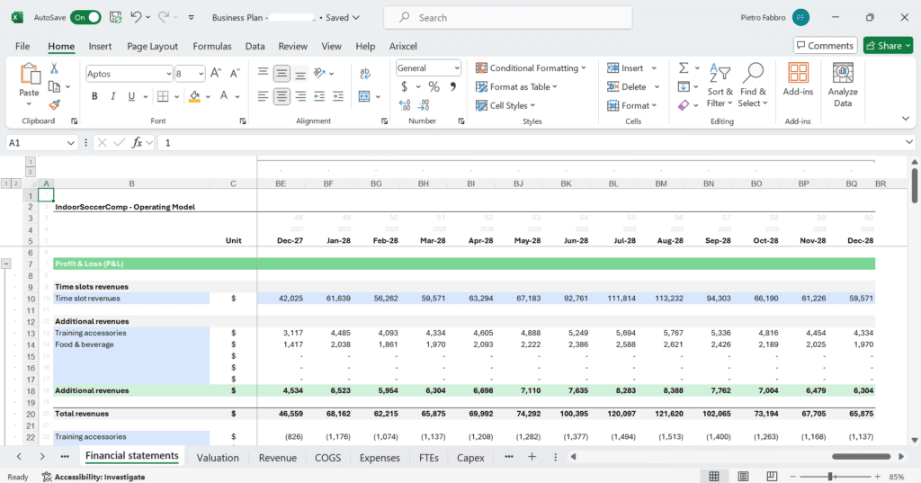 Screenshot der Vorlage für ein Finanzmodell für Sport und Freizeit.