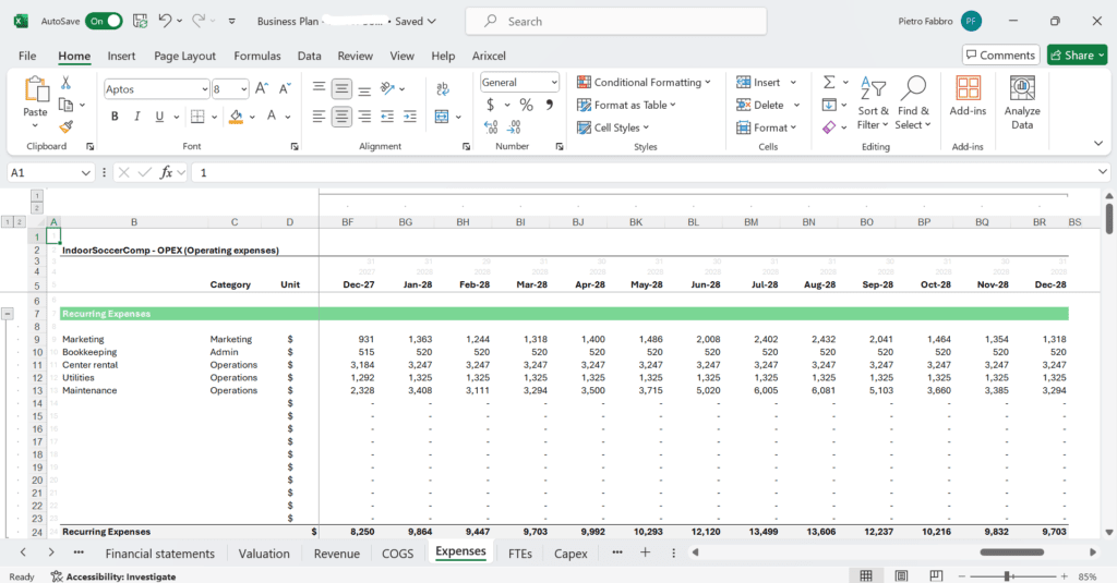 Screenshot der Vorlage für ein Finanzmodell für Sport und Freizeit.