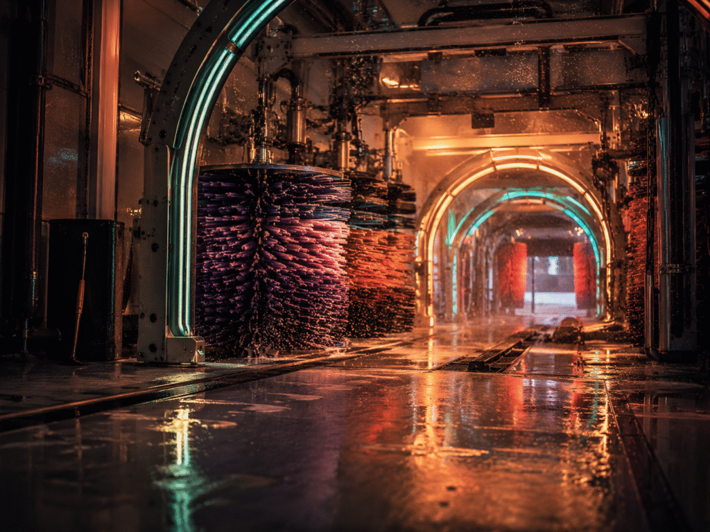 Modern express car wash tunnel interior with foam, water, and glowing arches under warm light