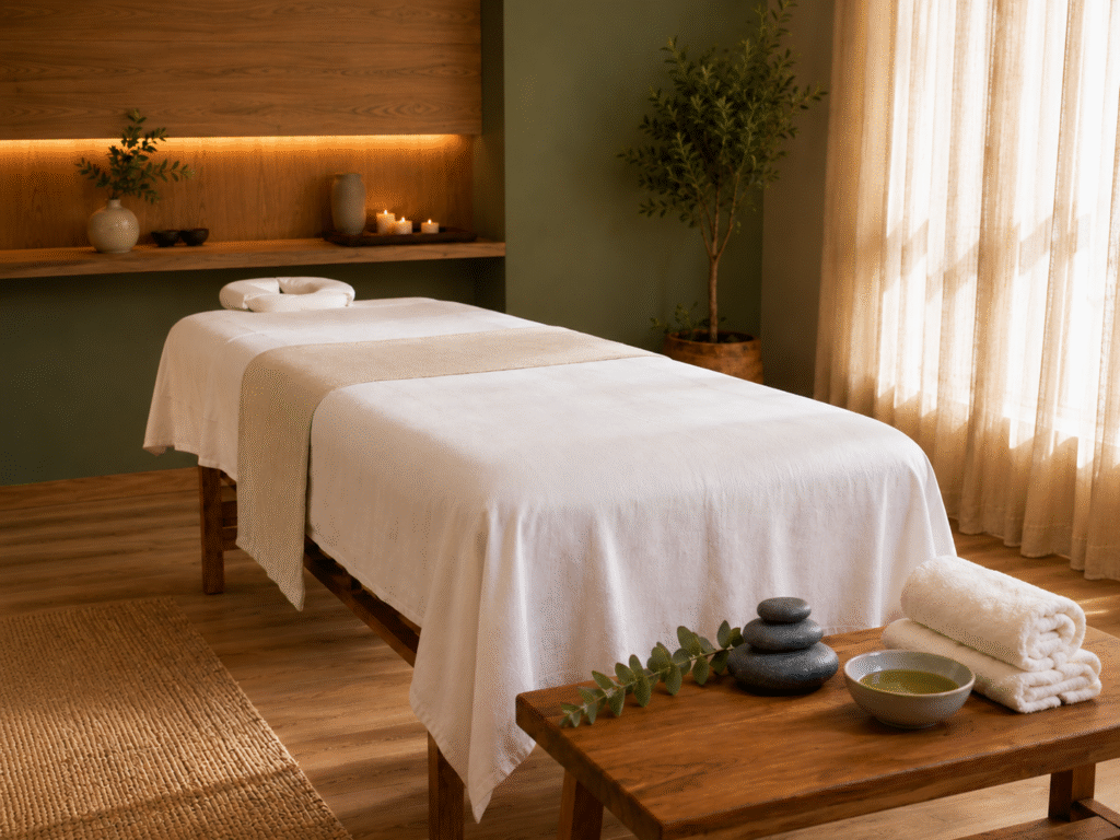 Dimly lit upscale massage room with a white-linen table, hot stones, and oil under warm lighting