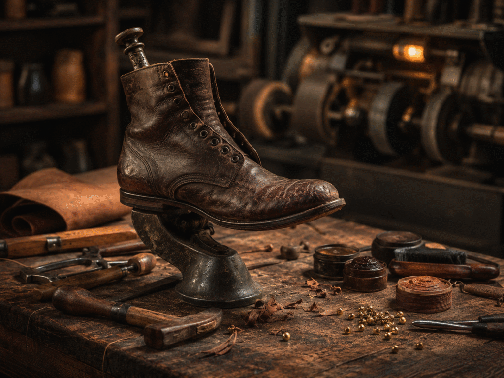 Cobbler's workbench with a leather boot on a last, hand tools, polish, and waxed thread under warm light
