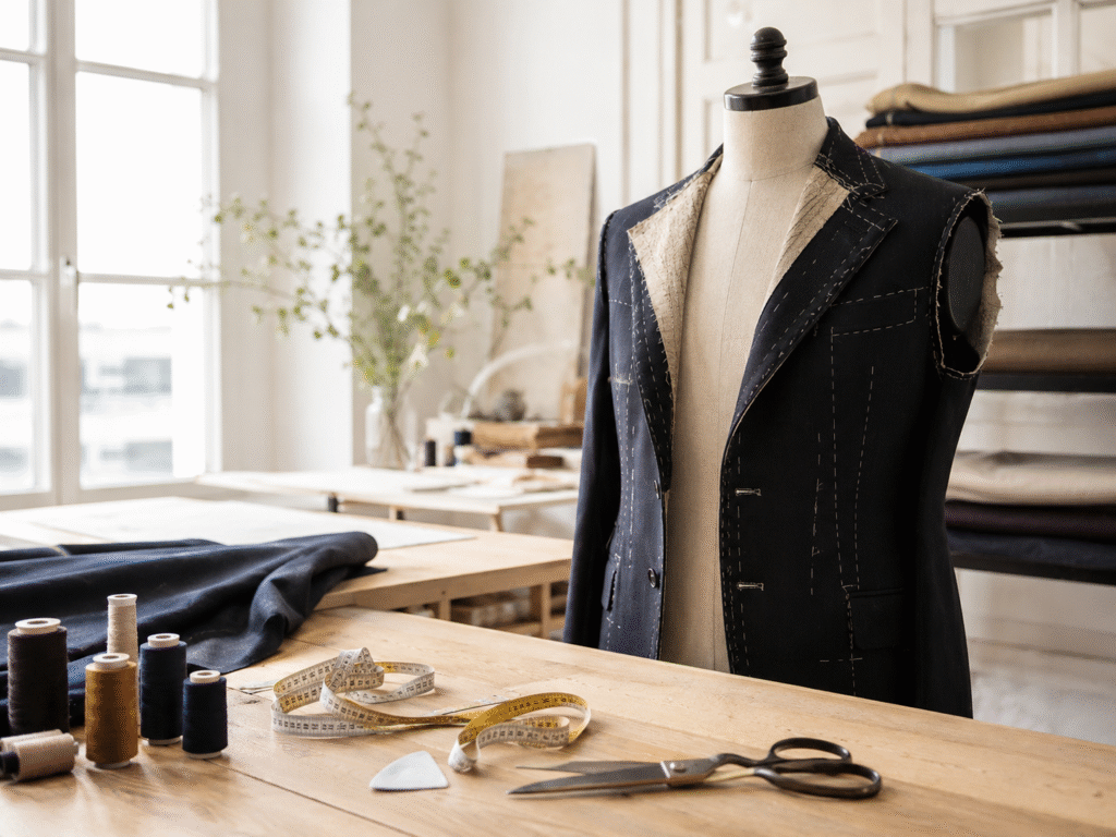 Bright tailor's atelier with a jacket on a dress form, measuring tape, thread, and fabric in soft natural light