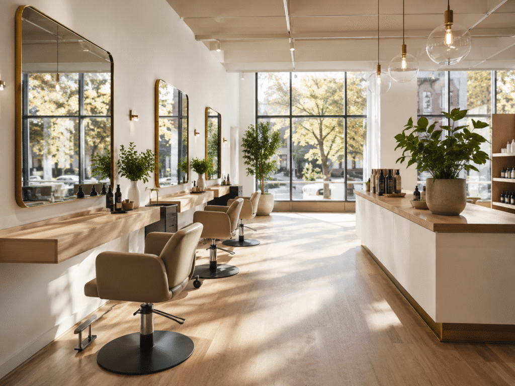 Bright modern hair salon interior with styling stations, mirrors, and product display in soft natural light