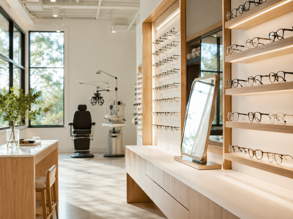 Bright modern optical clinic with eyeglass frame displays, a fitting counter, and exam equipment in soft natural light