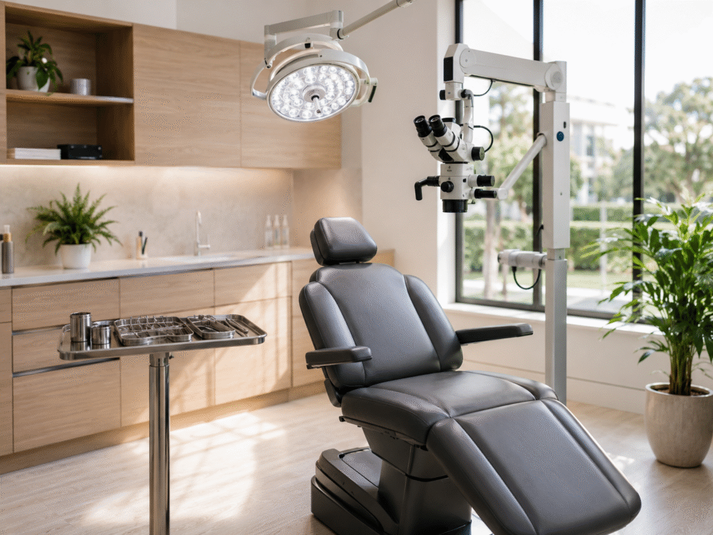 Bright modern hair restoration clinic treatment room with a procedure chair, instrument tray, and microscope in soft natural light