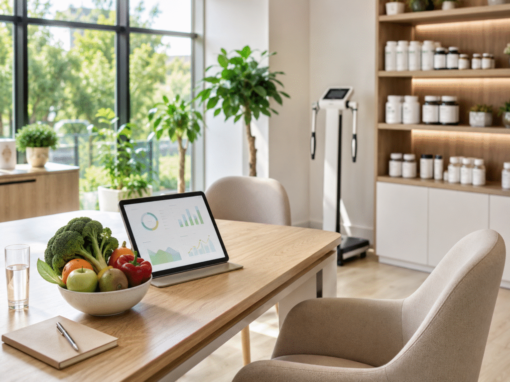 Bright modern nutrition clinic consultation room with a desk, fresh produce, and supplement shelves in soft natural light