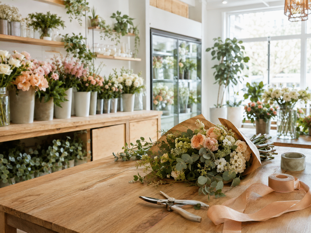 Bright modern flower shop interior with buckets of fresh flowers, a design workbench, and a floral cooler in soft natural light