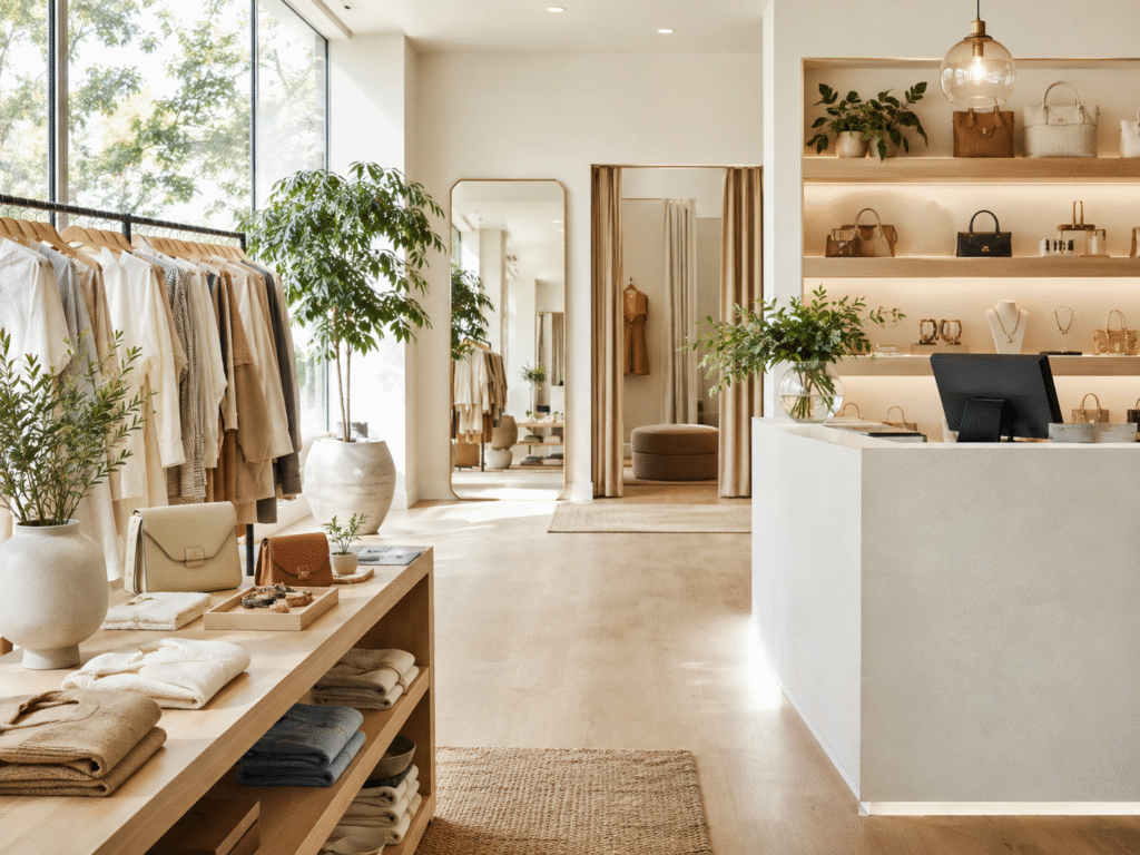 Bright modern clothing boutique interior with garment racks, an accessories display, and a checkout counter in soft natural light
